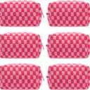 PAZIMIIK Checkered Makeup Bag for Purse Portable Zipper Make Up Pouch Small Cosmetic Case for Travel Accessories (6PCS Hotpink)