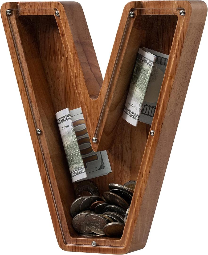 Piggy Bank for Kids Boys Girls, Wooden Large Letter Piggy Bank Alphabet Money Bank with Initial V, Coin Bank Fun Gifts for Birthday, Christmas, Festival, Baby Shower