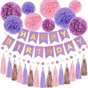 RUBFAC Purple Pink Birthday Party Decorations Set With Happy Birthday Banner, Tissue Paper Pompoms, Tassel Garland, and Circle Dots Garland for Women Girls