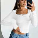 Trendy Queen Womens Long Sleeve Shirts Crop Square Neck Ribbed Tops Basic Slim Fit Y2K Fall Winter Clothes Outfits 2026 (White, XS)