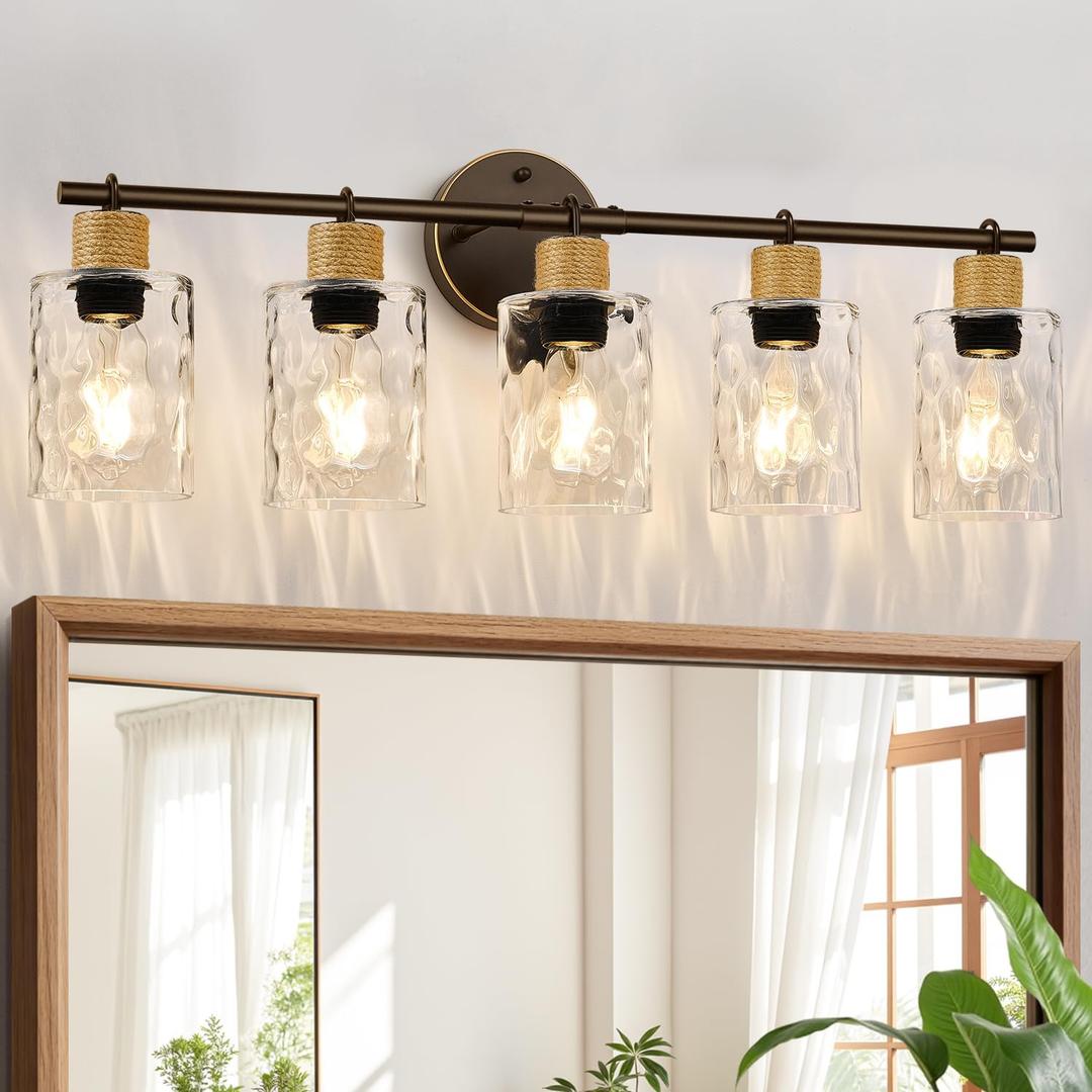 MOKATNG Bathroom Light Fixtures, 5-Light Coastal Vanity Lights with Crystal Glass Shade, Oil-Rubbed Bronze Bathroom Wall Lamp for Mirror Kitchen Hallway Cabinet