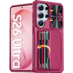 Vizvera for Samsung Galaxy S26 Ultra Case Wallet RFID [Cards Holder][Camera Cover][Edge Raised] Full Body Rugged Shockproof Silicone Phone Case for Galaxy S26 Ultra 6.9" 2026,Magenta
