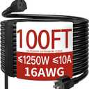 16AWG 10A 1250W 125V 100 Ft Outdoor Extension Cord Waterproof, Weatherproof & Flame Retardant Black 3 Prong Power Cord Outside for Lawn & Garden, SJTW ETL Listed