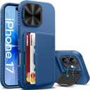 for iPhone 17 Case with Card Holder, Built-in Stand & Camera Lens Cover, Shockproof Rugged Silicone Bumper Raised Edge Protective Wallet Phone Case for iPhone 17 6.3" 2025, Blue