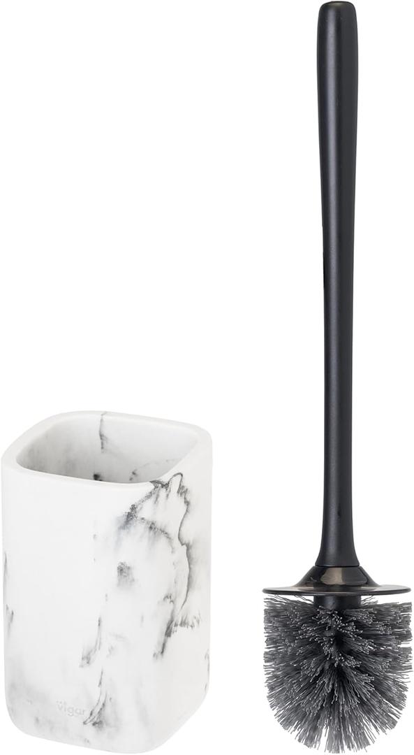 Vigar Zense Toilet Brush and Holder Set, Toilet Bowl Brush with Polyresin Stone Holder, Bathroom Sets for Bathroom Decor and Accessories, White Marble