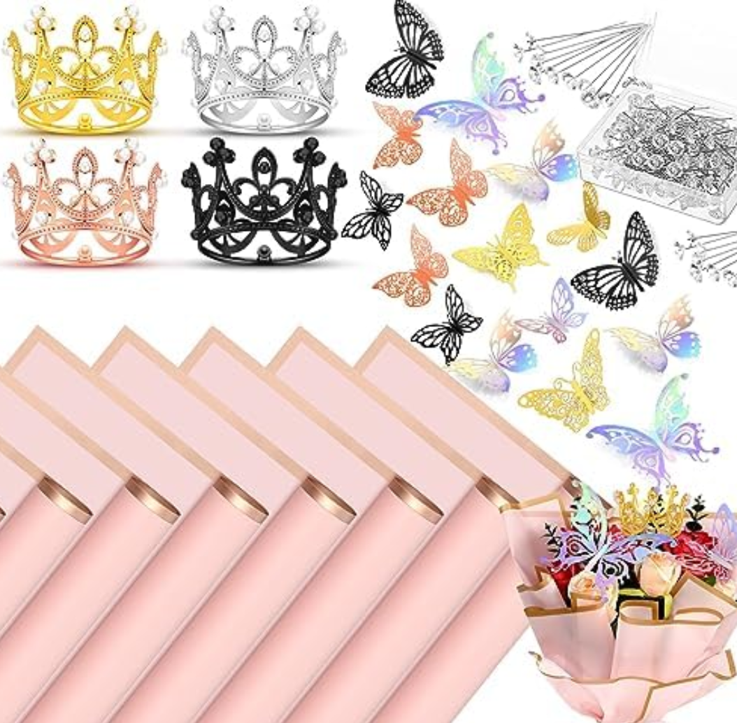 Seajan 192 Pcs Flower Bouquet Accessories Include 40 Sheets Flower Wrapping Paper 4 Mini Crowns 48 Butterfly 100 Corsage Bouquet Pin for Valentine Women Wedding Birthday Mother's Day(Retro Color)