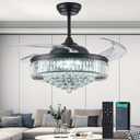 DuMaiWay 52" Dimmable Chandelier Ceiling Fan with Lights,Retractable Crystal Ceiling Fan Chandelier with Remote Control LED Light for Bedroom Living Room Polished Chrome Black 6 Speed 3 Light