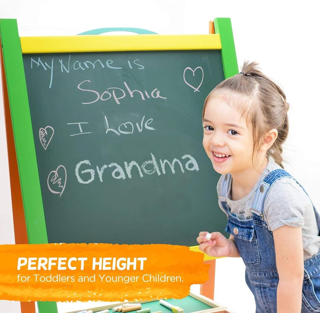 Double Sided Wooden Art Easel for Kids Standing Magnetic Whiteboard Chalkboard Small Toddler Toys. Includes Wooden ABC Numbers. Eco Friendly