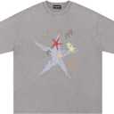 Oversize Star Print Tees Vintage Washed Graphic T Shirts Short Sleeve Y2K 90S Summer Unisex Streetwear Tops (L)