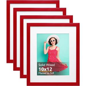 KINLINK 10x12 Picture Frame Red, Solid Wood Frames with Acrylic Plexiglass for 7x9 with Mat or 10x12 without Mat, Tabletop and Wall Mounting Display, 4 Pack