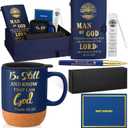 Shellwei 6 Pcs Christian Gift for Husband 3.5 oz Mug Leather Bible Notebook Religious Pen Metal Bookmark with Box and Greeting Card Fathers Day Religious Gifts for Husband Grandpa Pastor(Blue)