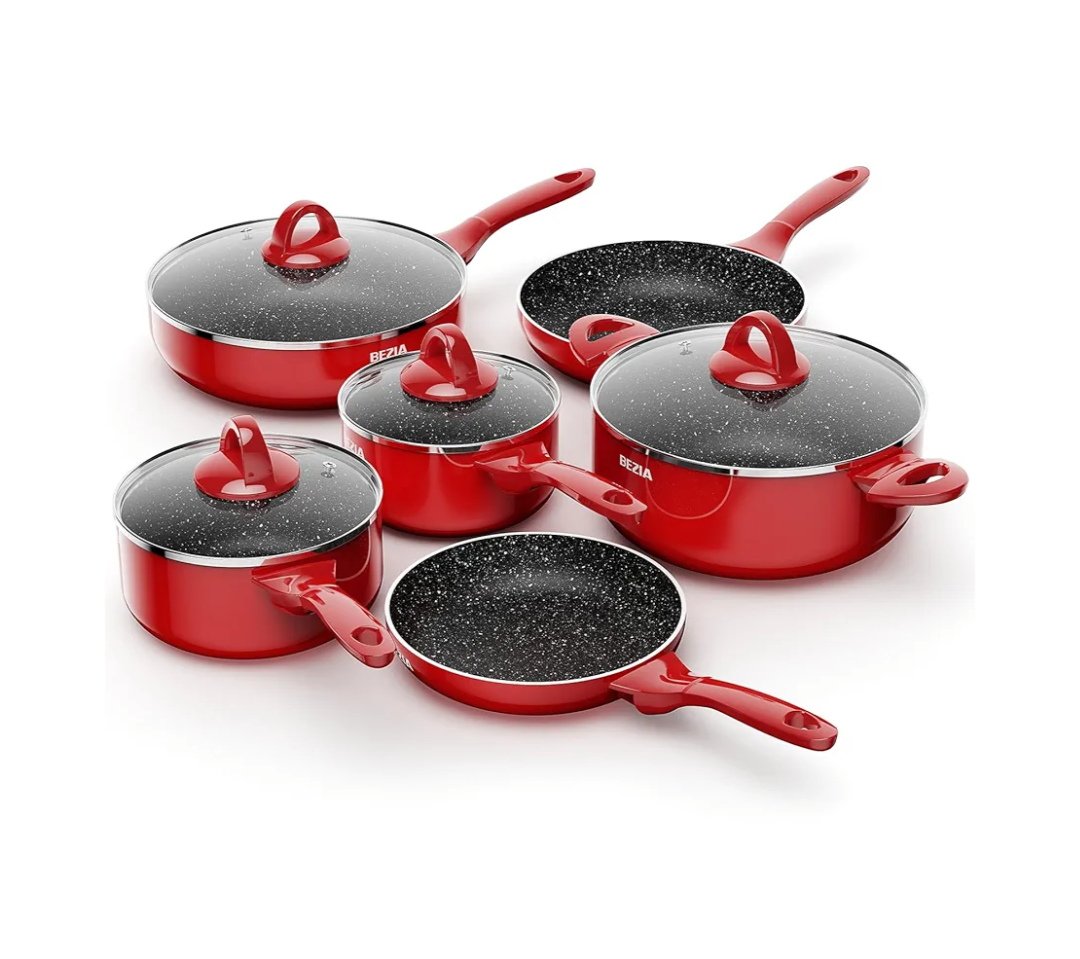 Induction Cookware Pots and Pans Set 10 Piece, BEZIA Dishwasher Safe Nonstick Cooking Pans, Stay-Cool Bakelite Handle, Scratch Resistant Kitchen Sets with Frying Pans, Saucepans & Stockpot (Red)