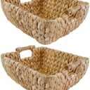 Pixoframe Small Rectangular Handwoven Wicker Basket - Water Hyacinth Storage Baskets with 2 Polished Wooden Handles for Store Hand Towel, Fruits & Veggies etc – 12.25"x7"x4.75" - Pack of 2 - Natural