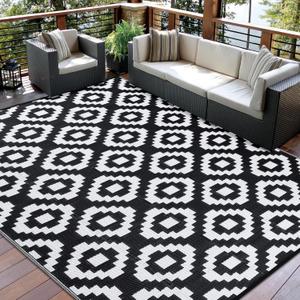 GarveeHome Outdoor Rug 10x14 Large Rug Plastic Straw Rug Waterproof Outdoor Patio Rugs Reversible Portable Camping Rugs Lightweight Floor Mat for RV Porch Balcony Patios Picnic Black/White Square