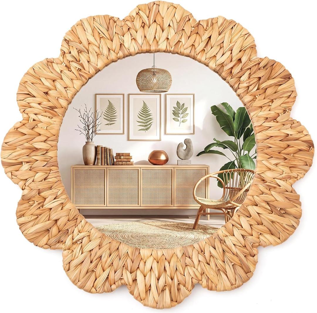 Sintuff Boho Wall Mirror Decorative, Handwoven Water Hyacinth, 24 Inch