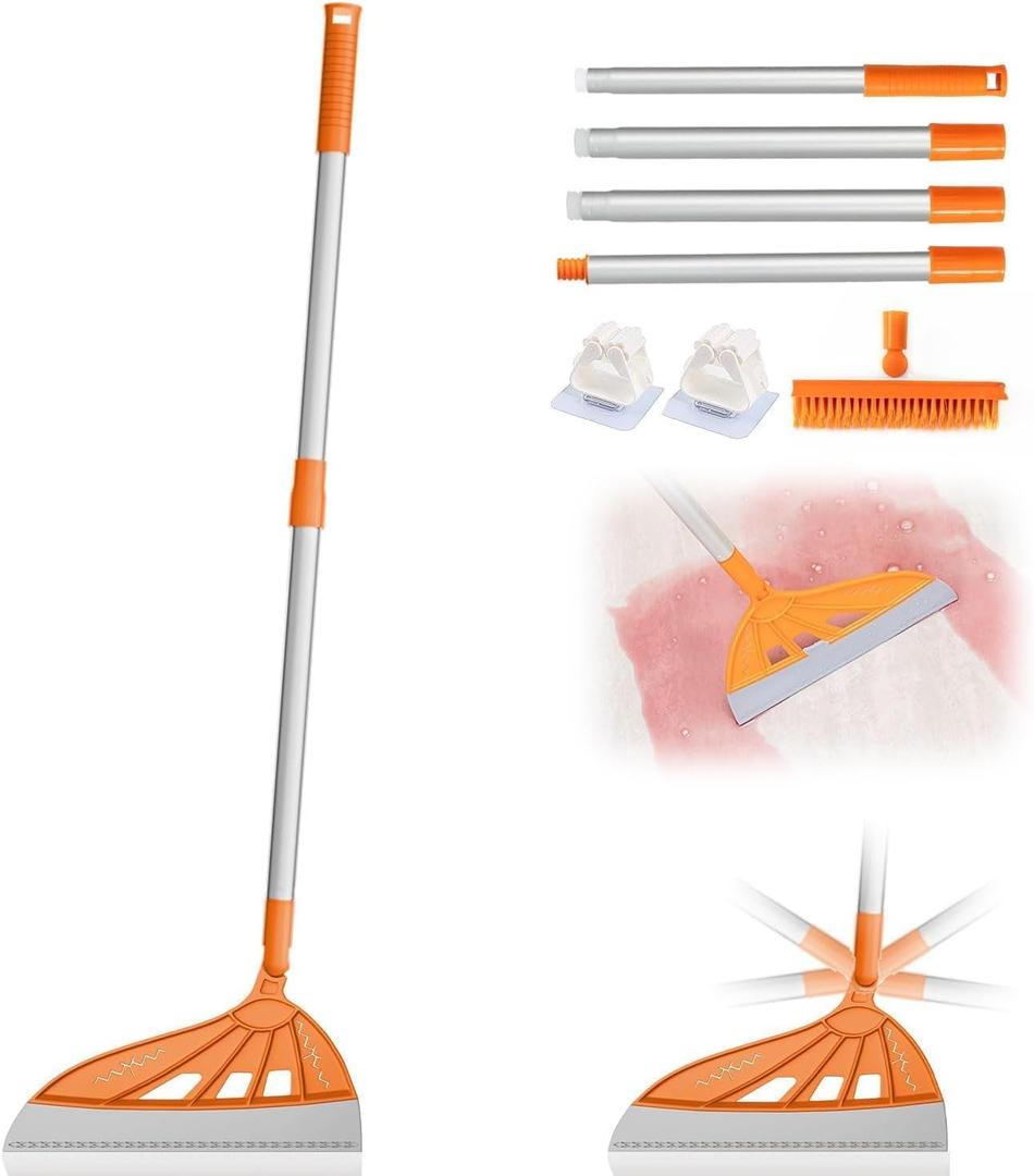 Magic Air Broom with V-Shape Brush, 2 in 1 180 Adjustable Silicone Broom for Floor Cleaning, 60 Long Handle Squeegee Sets to Clean pet Hair, Ketchup, Glass Shards (Orange) 