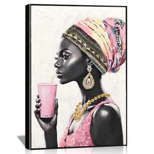 DRLWGTY Framed Wall Art, African Style Elegant Woman Canvas with Handmade Crystals and Gemstones, Large Modern Artwork Ready to Hang for Bedroom Living Room Decor 36"L x 24"W