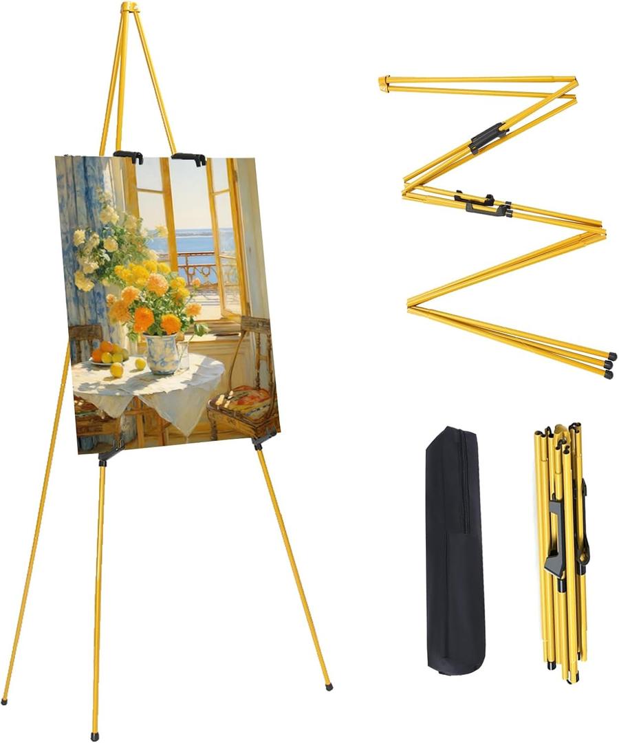 MXG 66" Yellow Portable Folding Art Easel Stand for Sign, Painting, Poster & Canvas Display, Adjustable Height Acrylic Sign Holder with 4 Clips for Wedding, Office, Gallery, Alloy Steel