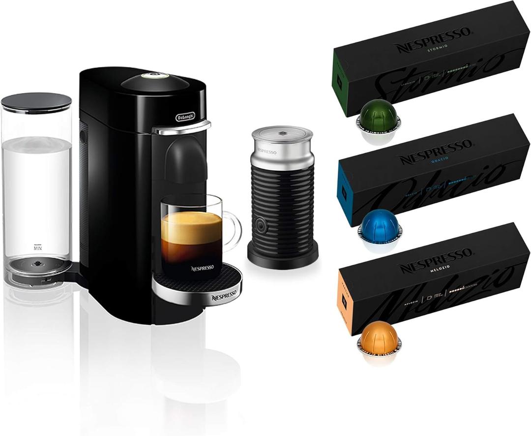 Nespresso VertuoPlus Deluxe Coffee and Espresso Maker Bundle with Aeroccino Milk Frother by De'Longhi, Black with Vertuoline Variety Pack Coffees included