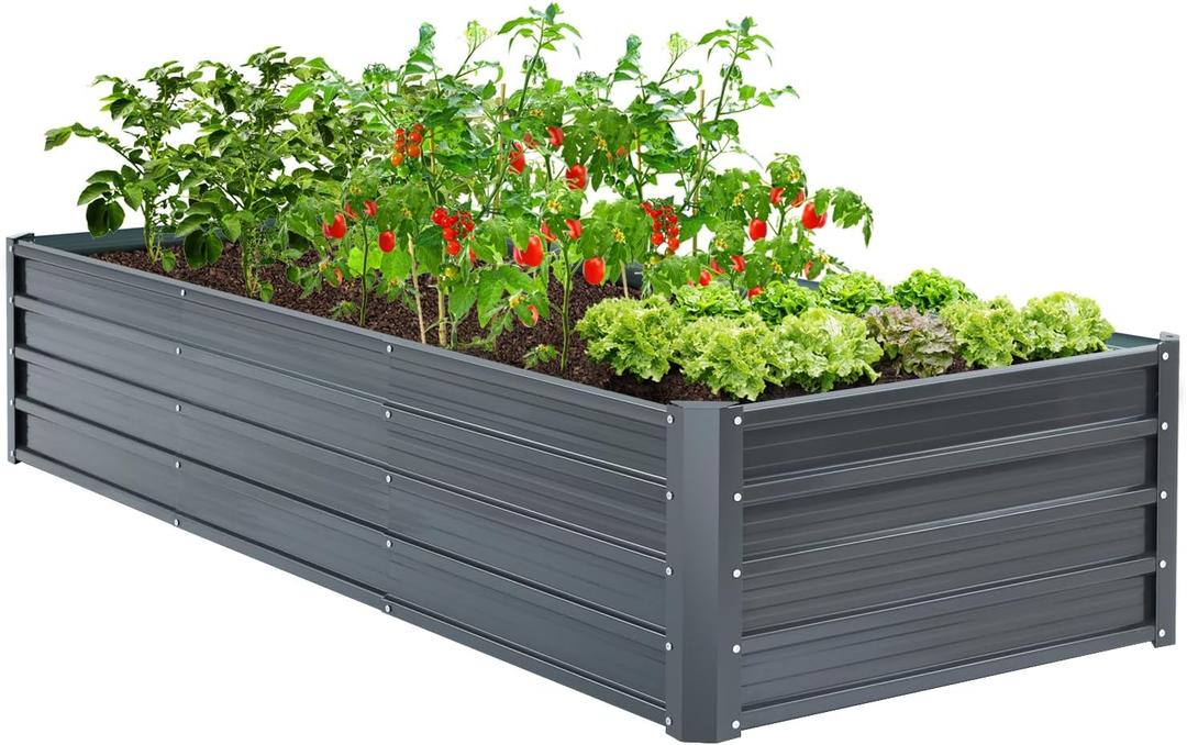 Ohuhu Metal Raised Garden Bed Outdoor 8x3x1.5 FT Reinforced Galvanized Rustproof Colored Steel Planter Boxes for Vegetables, Heavy Duty Raised Beds for Growing Flowers Herbs Succulents (8 x 3 x 1.5 ft, Charcoal Grey)