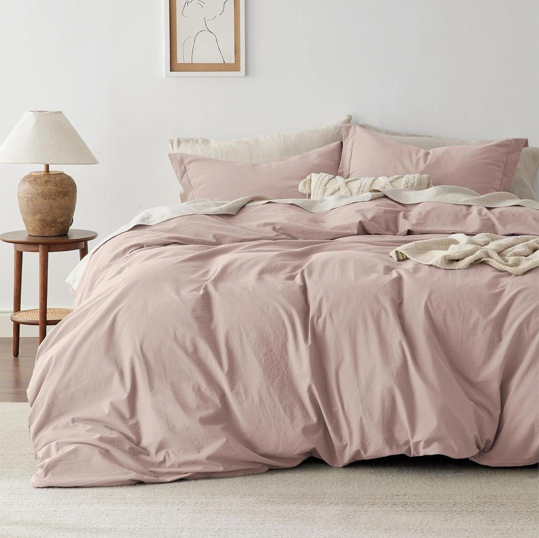 Bedsure 100% Washed Cotton Duvet Cover King Size - Petal Pink Minimalist Cotton Duvet Cover Linen Like for All Seasons - GentleSoft Plain Simple Bedding (Petal Pink, King, 104"x90")