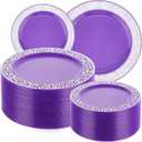 Maxcheck 100 Pack Purple Silver Plastic Plates Disposable Plates with Silver Rim Plastic Dinnerware Set Dessert Salad Reusable Party Dinner for Wedding Birthday Valentine