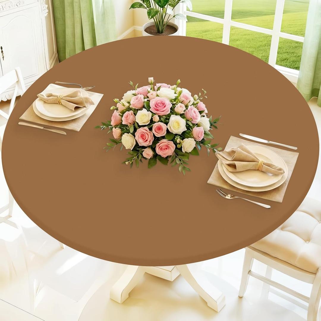 Moosfor Round Spandex Tablecloth, Elastic Fitted Waterproof Tablecloths for 42"-50" Tables, Stretch Washable Picnic Table Cover for Camping, Dining, Indoor and Outdoor, Brown