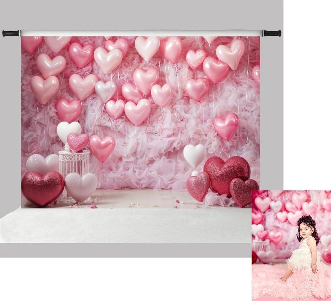 Kate 10x6.5ft Pink Valentine's Day Photography Backdrops White Wood Floor Pink Loveheart Balloons Decoration Photo Background Baby Shower Kids Birthday Party Backgrounds (10x6.5ft)