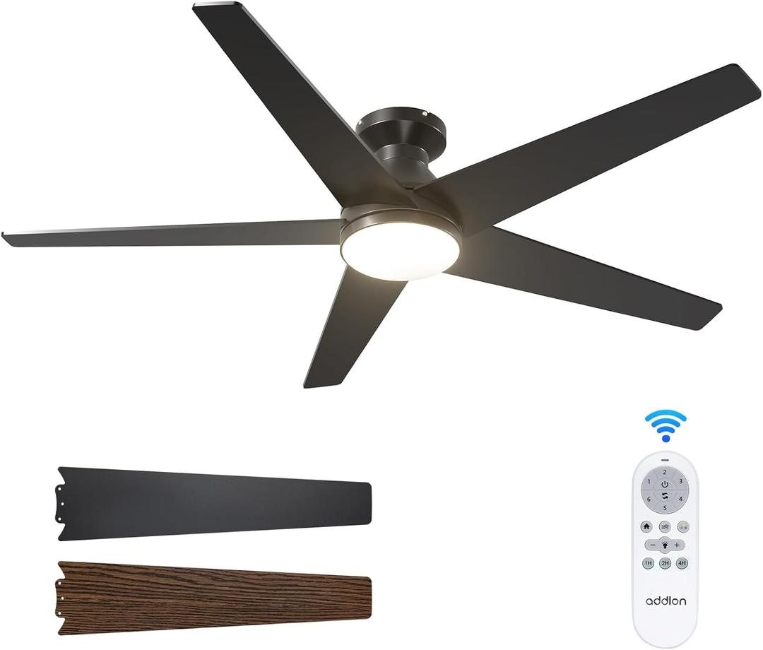 addlon Ceiling Fans with Lights, 52 inch Low Profile Ceiling fan with Light and Remote Control, Flush Mount, Reversible, 3CCT, Dimmable, Noiseless, Black Ceiling Fan for Bedroom, Indoor/Outdoor Use