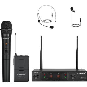 Phenyx Pro Wireless Microphone System, VHF Wireless Mic Set with Handheld/Bodypack/Headset/Lapel Mics, Stable Signal, Cordless Microphone for Singing, Karaoke, Church, DJ (PTV-1-1H1B)