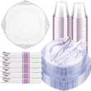 Hioasis 175pcs Clear and Purple Plates - Purple Party Plates for 25 Guest, Include 50 Heavy-duty Plates(20% Thicker Than Standard), 25 Pre Rolled Gold Plastic Silverware Set, 25 Cups