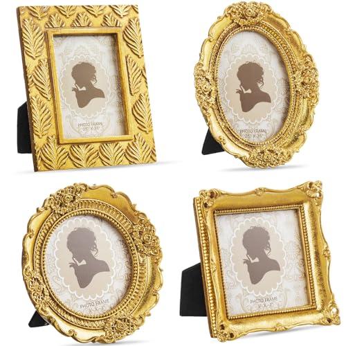 Vicenpal 5 Pcs Small Gold Picture Frames Vintage Mini Photo Frames Oval Baroque Antique Ornate Decor Rectangle for Gallery Hotel Wall Jewelry Photo Tabletop Display, 2.5x3.5 Inch, 3x3 Inch(Relief)