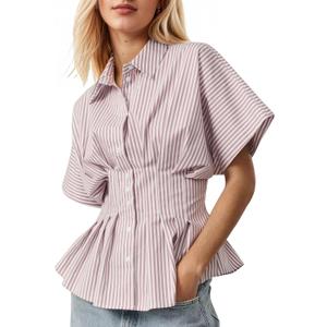 Women's Striped Shirts Button Down Short Sleeve Pleated Peplum Blouses Dressy Casual Lapel Tops Summer Business Shirt (Large, Purple)