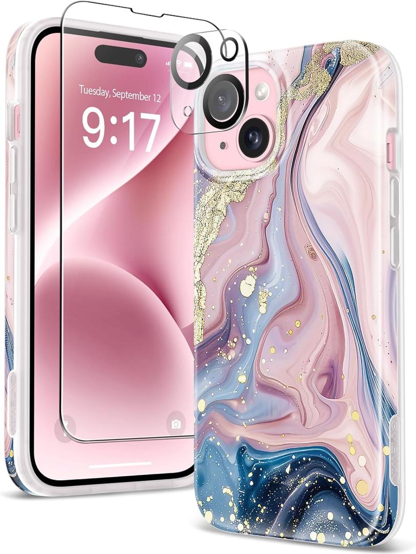 GVIEWIN Marble for iPhone 15 Case, with Screen Protector & Camera Lens Protector, [10FT Military Grade Drop Protection] Slim TPU Phone Case Cover Women for iPhone 15 6.1" 2023 (Flowing River/Pink)