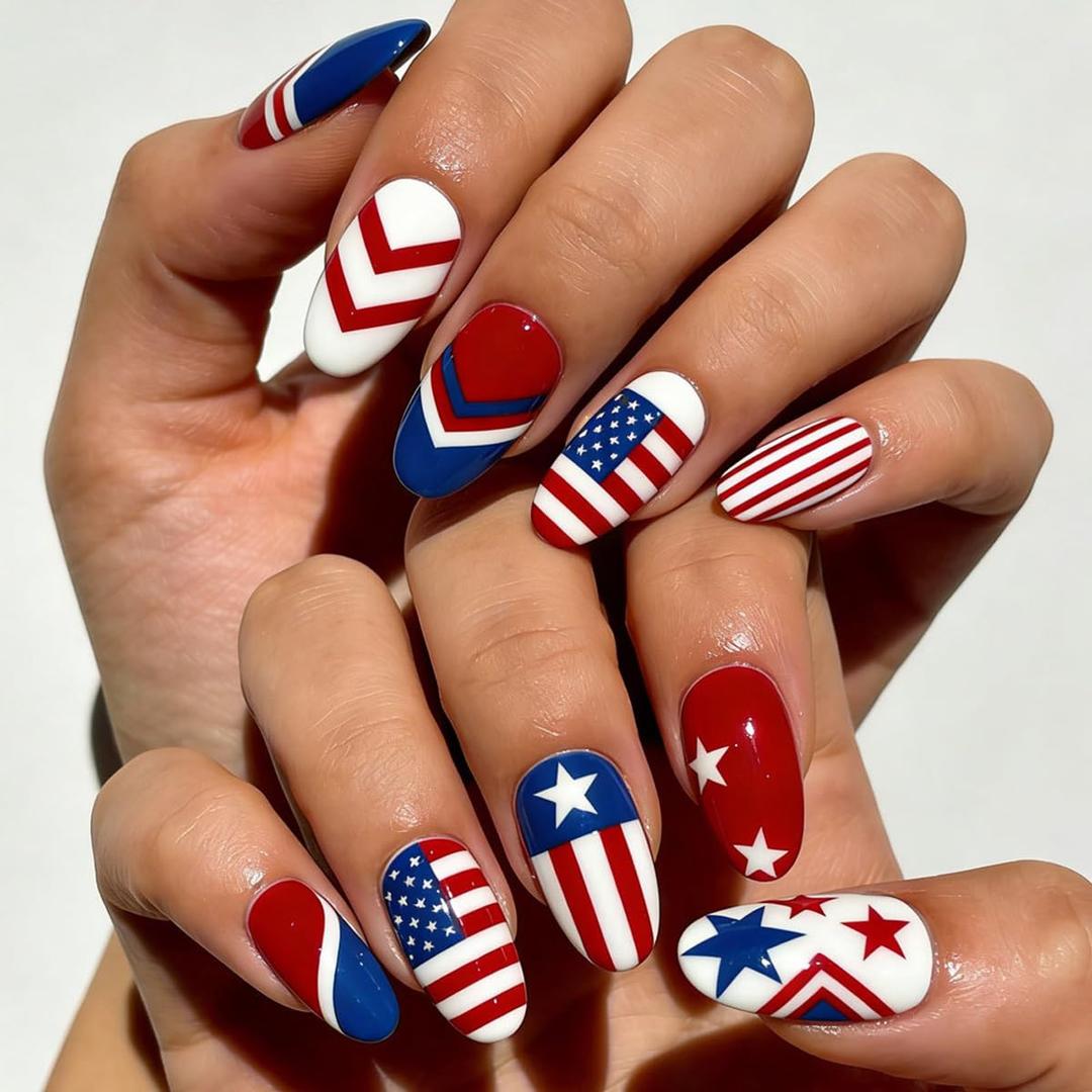 4th of July Press on Nails Medium Almond Patriotic Fake Nails Press ons with American Flag, Star & Red White Blue Stripes Designs, Independence Day Glue on Nails for Women 24 Pcs