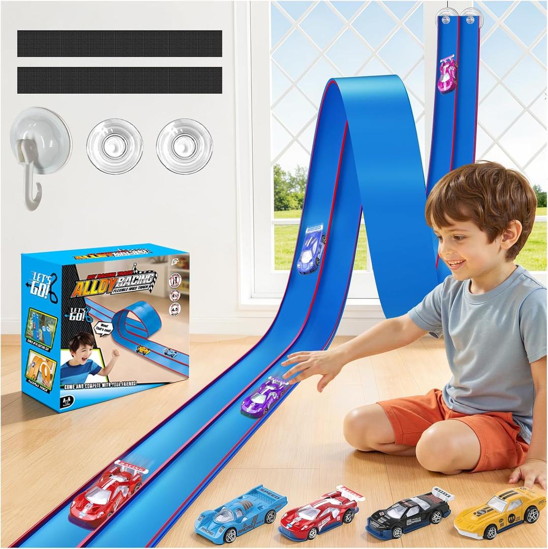 Upgrade Flexible Race Track for Kids, 15 Ft Flex Race Car Ramp Track with 4 Cars & Suction Cups - Compatible with Diecast 1/64th Cars, Car Tracks Toys for Kids Boys Girls Ages 3 4 5 6+ (Blue)