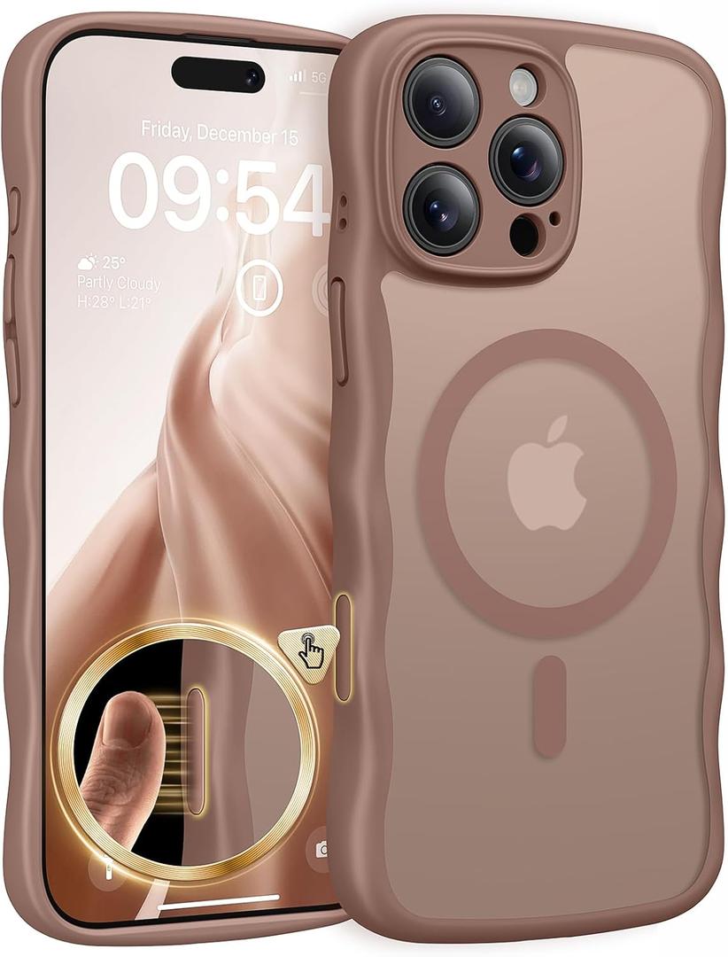 TAURI Magnetic for iPhone 16 Pro Case, Cute Wavy Design [Full Camera Protection] [Compatible with Magsafe] Anti-Slip Translucent Matte Case for iPhone 16 Pro for Women Girls, Desert Brown