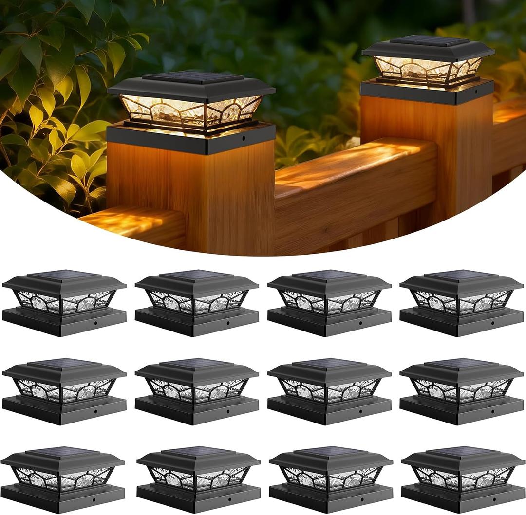 Brightever 4x4 3.5x3.5 Solar Post Cap Lights, 12-Pack Solar Powered Fence Post Light Outdoor Waterproof for Vinyl/Wooden Post, 2 Modes(Warm/Cool Light), Black Solar Deck Post Lights for Patio, Porch