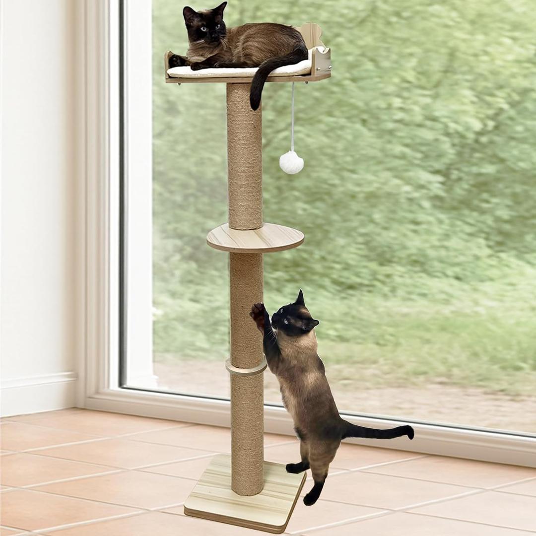 Cat Window Perch, Carpet Hammock & Window Step & Scratcher, Hammock with Suction Cup, Height Adjustable, Sturdy Cat Window Bed, Space-Saving (Drilling-Free) (Solid Wood, Cat Tree Set)