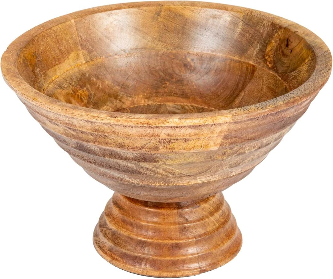 Creative Co-Op Boho Wood Pedestal Serving Bowl, Light Brown Finish (9-3/4" Round)