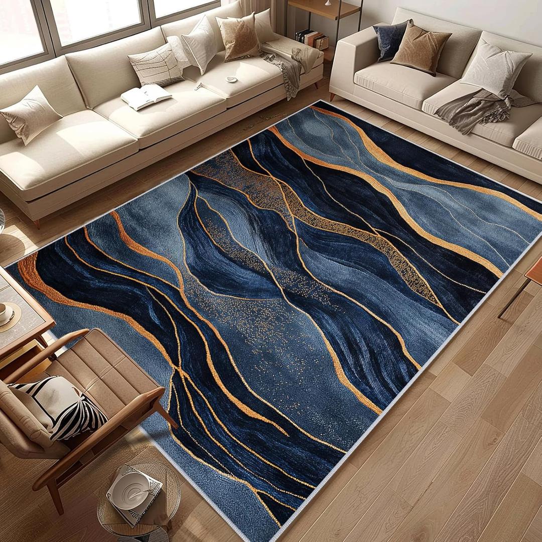 Abstract Area Rug Washable 5x7 Rugs for Living Room Bedroom Modern Navy Blue and Gold Non-Slip Soft Floor Large Carpet for Office Entryway Bathroom