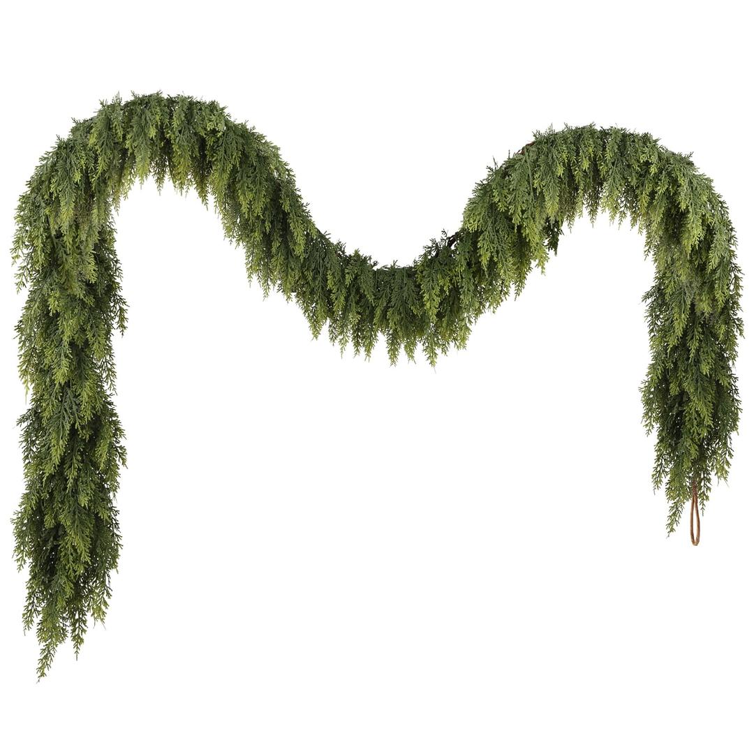 9ft Christmas Cedar Garland with Realistic Soft Thickness Pine, Artificial Green Faux Cedar Pine Garland for Fireplace Mantle Fireplace Indoor Outdoor Holiday Party Home Decoration 2 pcs