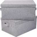 HOONEX Linen Foldable Storage Bins with Lids, 2 Pack, Storage Boxes with Carrying Handles and Sturdy Heavy Cardboard, 16.5" L x 11.8" W x 7.5" H for Shoes, Books, Clothes, Light Grey