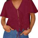 Trendy Queen Womens Summer Tops Cute Boho Blouses Beach Vacation Spring Outfits 2026 Tie Front Eyelet Embroidered Clothes (Red, L)
