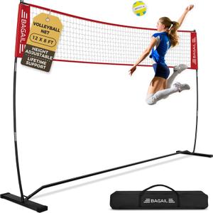 BAGAIL Volleyball Net, 12ft Portable Volleyball Net for Backyard - Adjustable Height, Heavy-Duty Frame, Freestanding Design - Portable Outdoor/ Indoor Volleyball Set with Carry Bag - Red