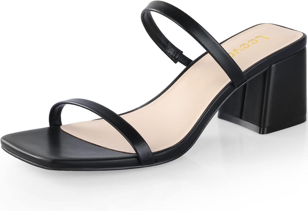 Leevar Square Toe Heeled Sandals for Women - Women's Low Block Heels Sandals - 2.25IN Open Toe Ankle Strap Chunky Heels - Slip on Heeled Sandal Mule- Nude Black Strappy Heels for Party Wedding Dress Shoes