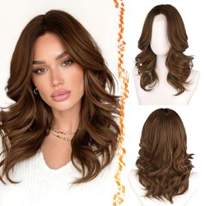 BARSDAR 16in Short Wavy Brown Ombre Layered Wig - Shoulder Length Wavy Brown Wigs for Women - Short Loose Wave Textured Layered Wig with Face-Framing Curtain Bangs Soft Synthetic Natural Looking Daily
