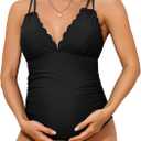 Charmo Scallop Trim Maternity Swimsuit One Piece V Neck Pregnancy Bathing Suit Ruched Swimwear Cutout Tie Back, Small