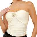 Floerns Women's Rhinestone 3D Floral Sleeveless Bandeau Ruched Strapless Tube Top (Large, White)