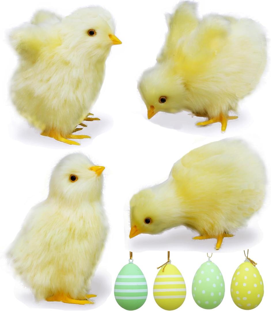 8 Pcs Chirping Spring Easter Chicks Decor Set 4 Pcs Fluffy Realistic Baby Chicks Easter Decorations, 4 Pcs Eggs,Fake Chickens Prop- Easter Props for Photography,Holiday Parties